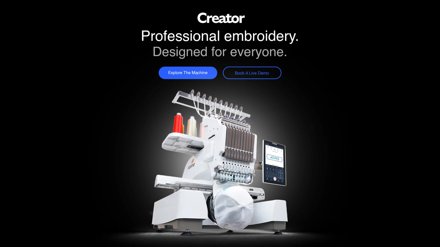 Embroidery machine with 'Creator' branding on a dark background