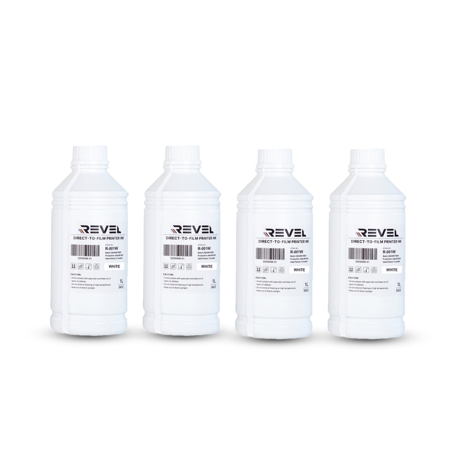 Four bottles of Revel Direct-To-Film Primer on a white background