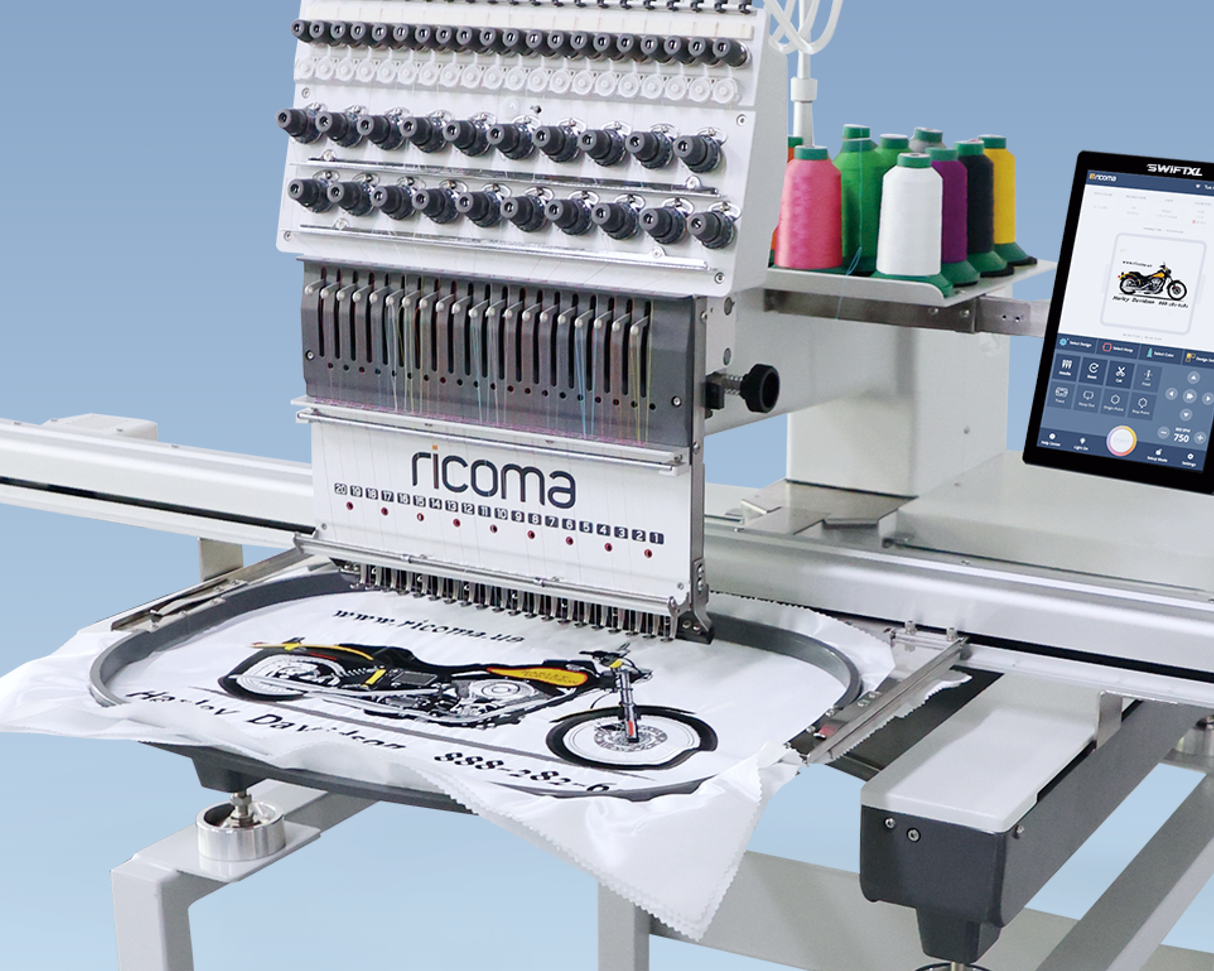 ricoma swift xl embroidery machine with big embroidery hoop and artwork
