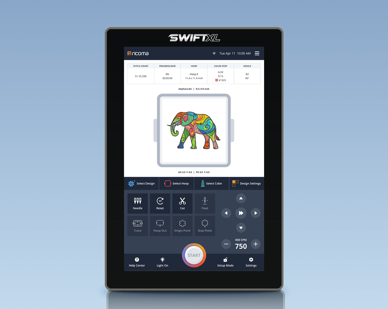 embroidery machine panel with 10 inches displaying a colorful elephant illustration on a blue background