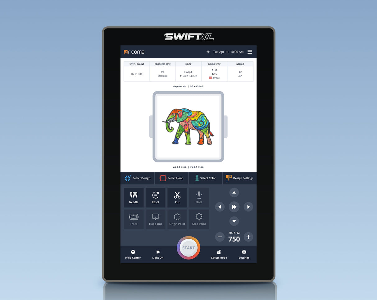 embroidery machine panel with 10 inches displaying a colorful elephant illustration on a blue background