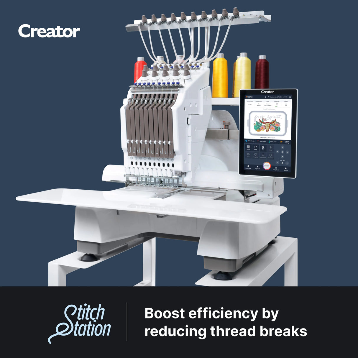 Embroidery machine table on a blue background, suitable for 'Creator'.