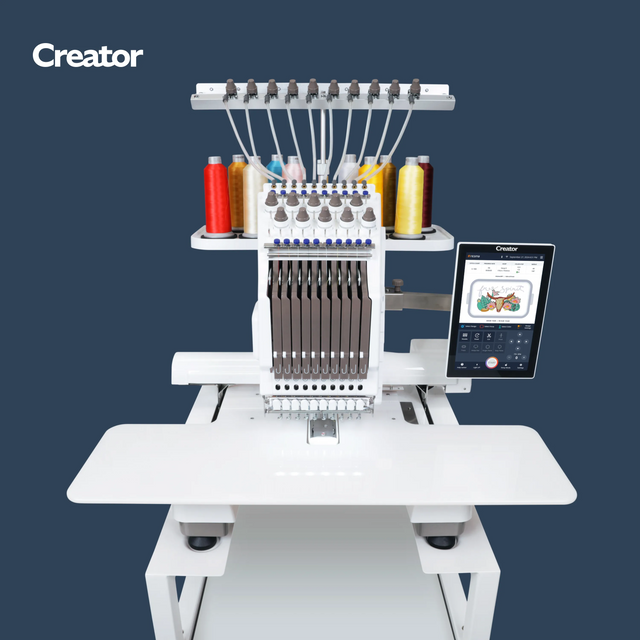 Embroidery machine table on a blue background, suitable for 'Creator'.