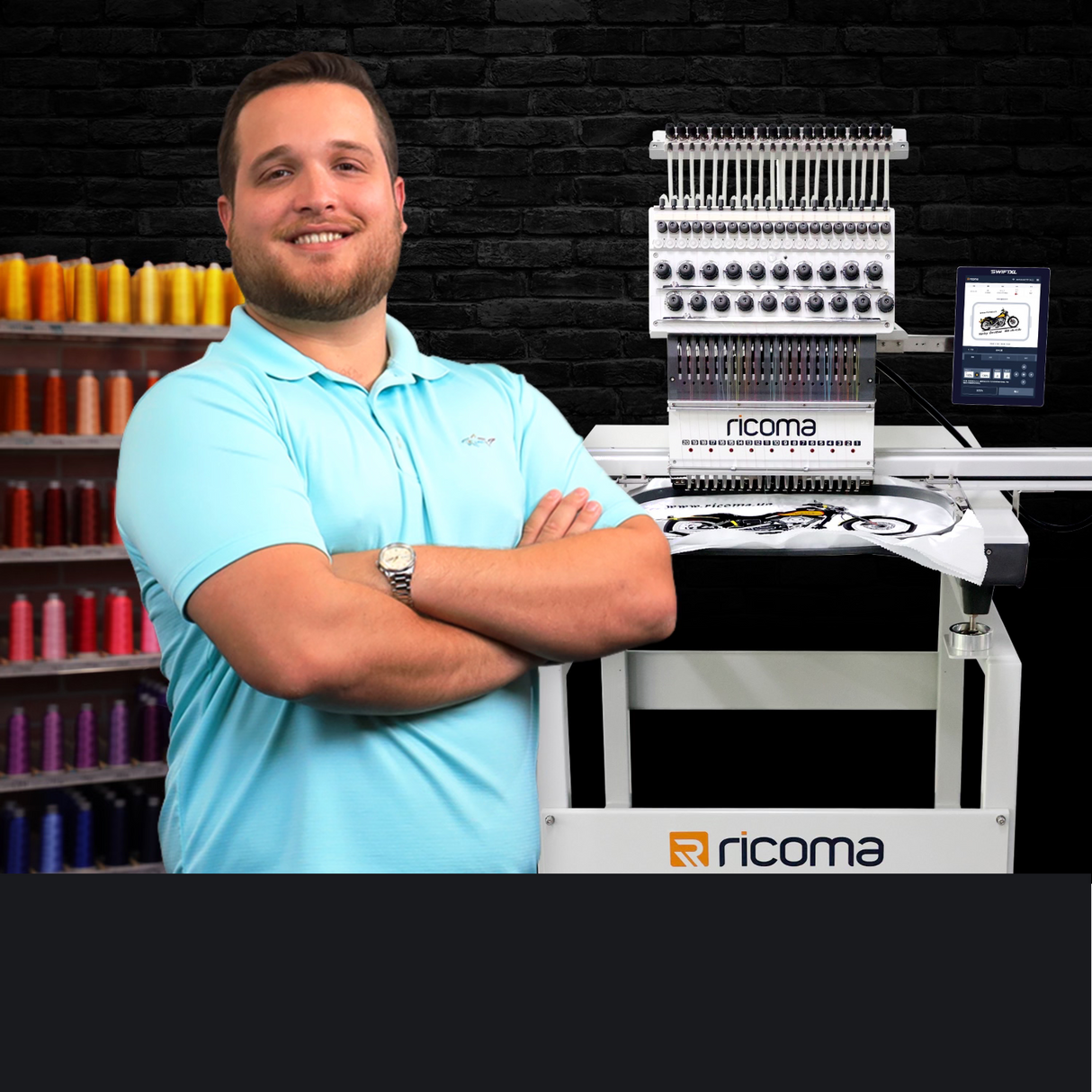 Man standing in front of swift xl embroidery machine with Ricoma branding in a workshop setting