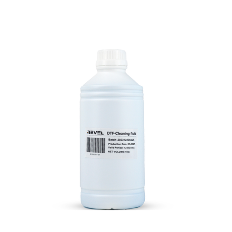Bottle of Revel DTF Cleaning fluid on a white background