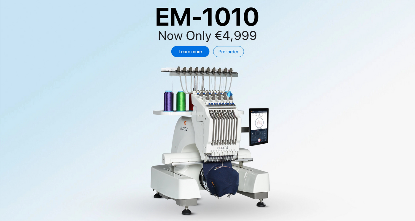An embroidery machine model EM-1010 shown on a light blue gradient background with promotional text 'EM-1010 Now Only €4,999' and blue buttons above it. The machine is white and gray with a dark blue motor housing, thread spools in multiple colors, and a small screen on the side.