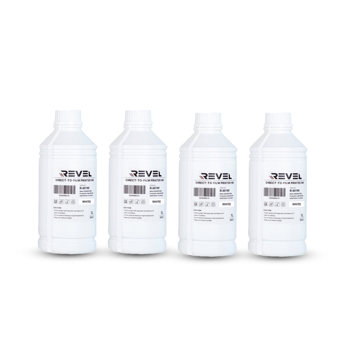 Four bottles of Revel Direct-To-Film Primer on a white background