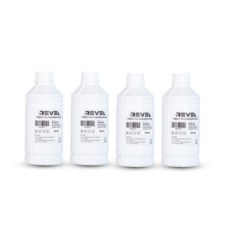 Four bottles of Revel Direct-To-Film Primer on a white background