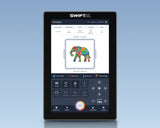 embroidery machine panel with 10 inches displaying a colorful elephant illustration on a blue background