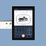 Digital panel displaying a motorcycle design software on a blue background