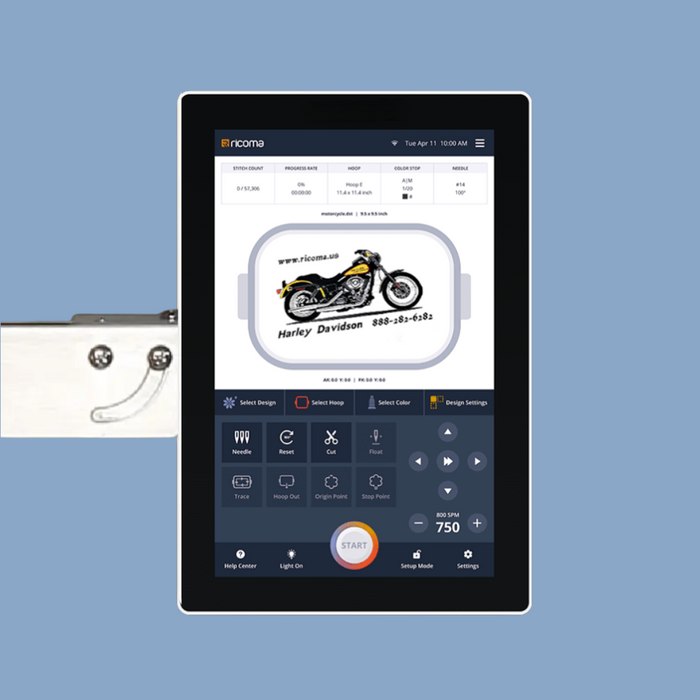 Digital panel displaying a motorcycle design software on a blue background